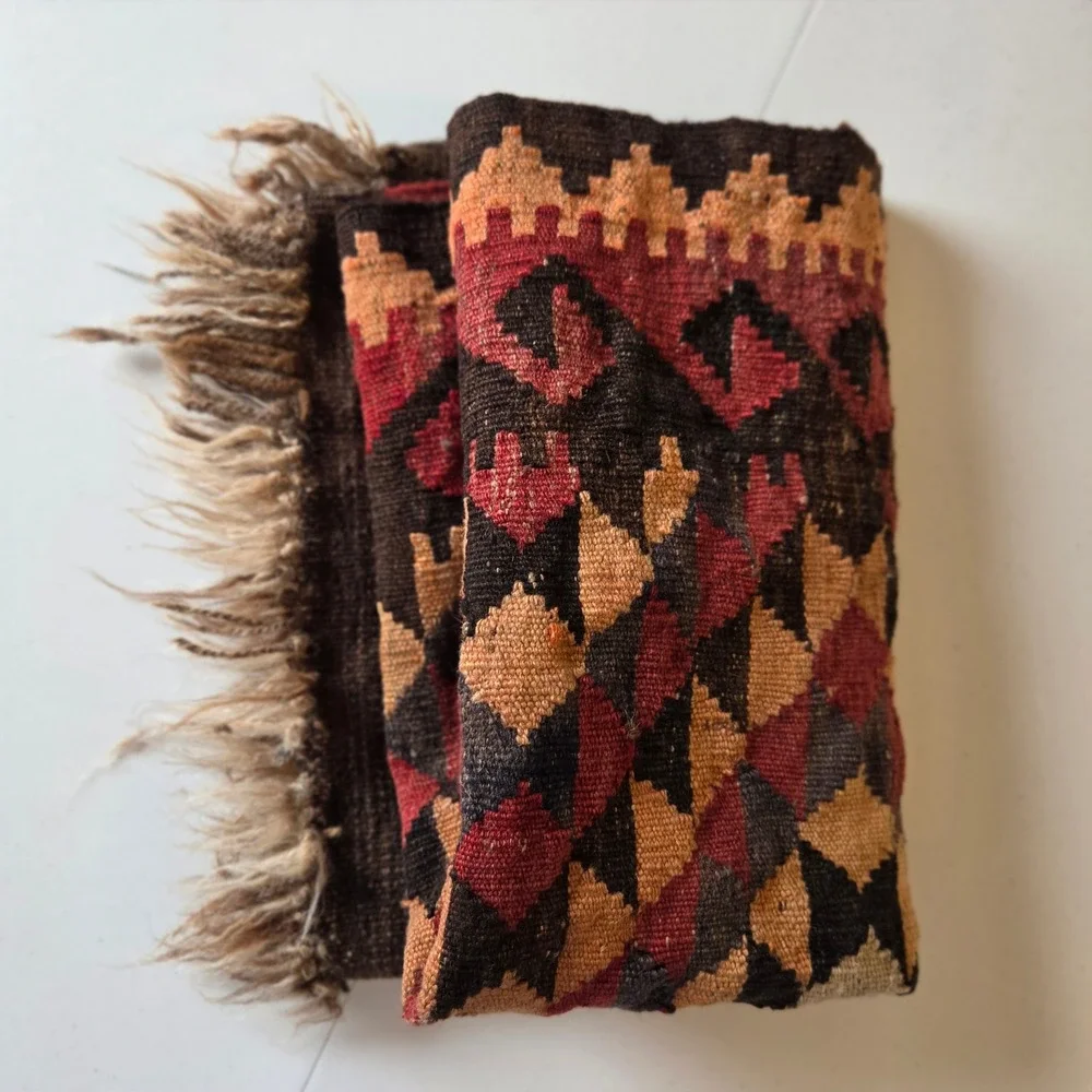 Handwoven Wool Kilim Rug Tribal Geometric Flatweave Terracotta Brown 28x36.5